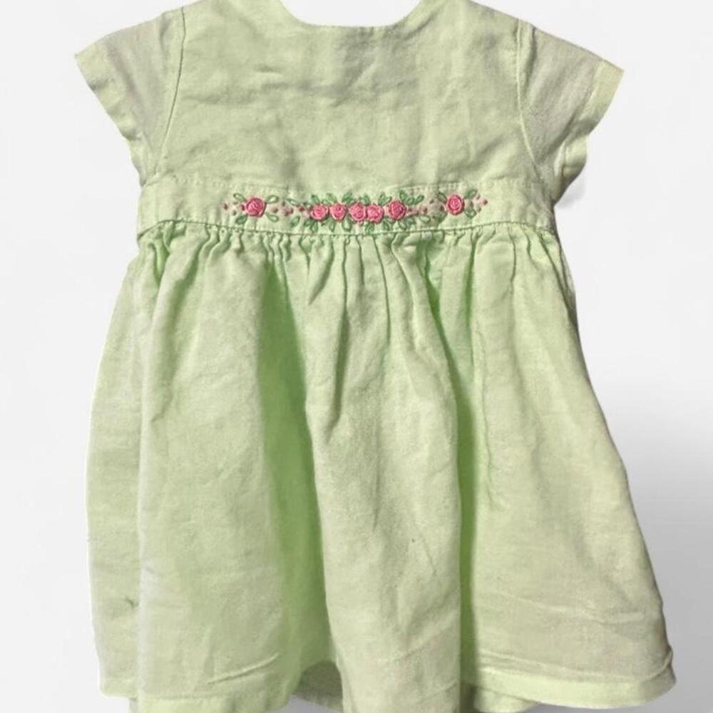 18 month light green linen toddler dress with embroidered ribbon roses